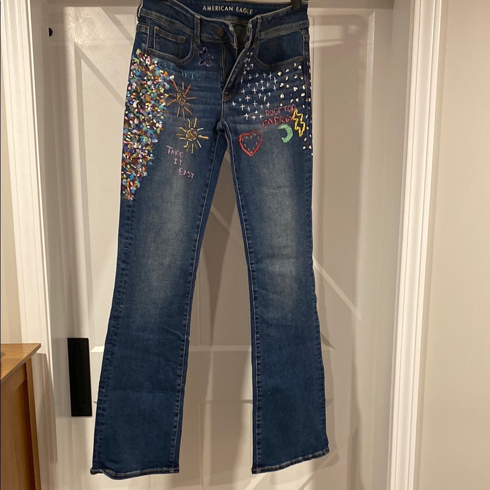 American Eagle Outfitters Blue Flare Jeans with Embellishments